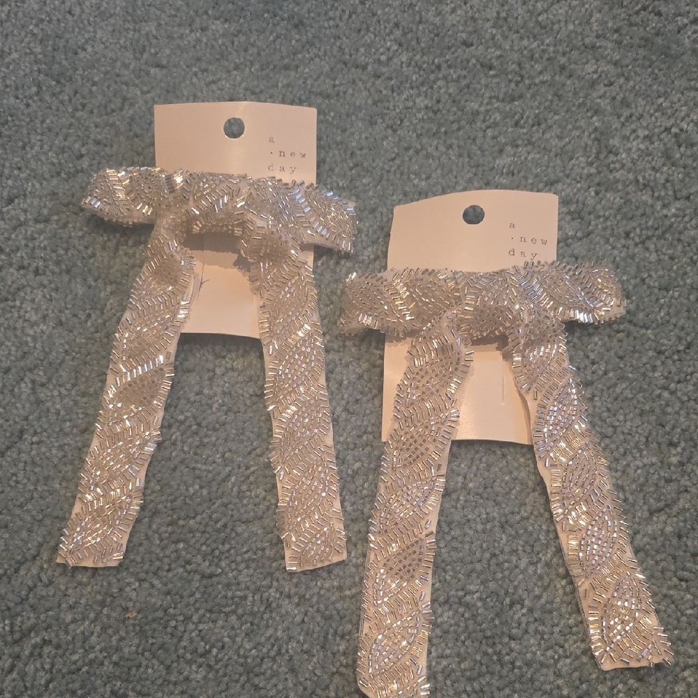 A New Day Shimmering Silver Hair Bows With Clips, Two, NWT